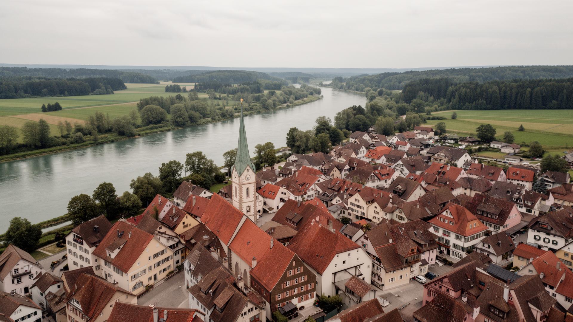 Symbolbild (KI-generiert) für das Einsatzgebiet im Landkreis Mühldorf: Kleinstadt an einem Fluss aus der Luft