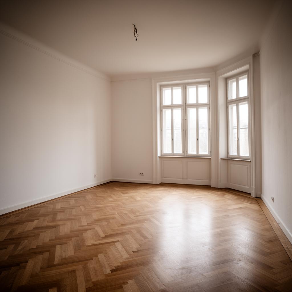 Symbolbild (KI-generiert) zu Haushaltsauflösungen: leerer Wohnraum mit Fischgrätparkett