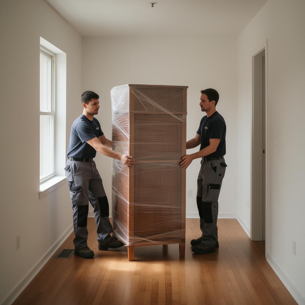 Symbolbild (KI-generiert) zum Umzug: Zwei Umzugshelfer tragen einen eingepackten Schrank