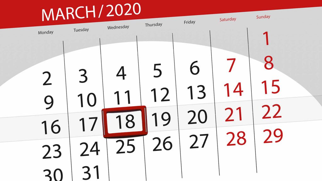 Grafik eines Kalenders mit markiertem Tag am 18.03.2020